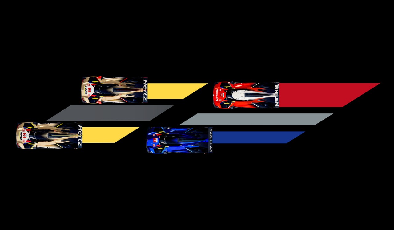 Overhead view of the four Cadillac V-Series.R racecars to compete at the 2025 24 Hours of Le Mans.