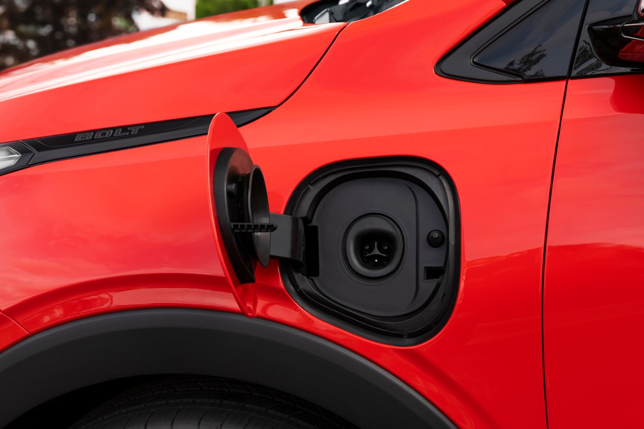 Official GM Canada image of the 2027 Chevrolet Bolt native NACS charging port