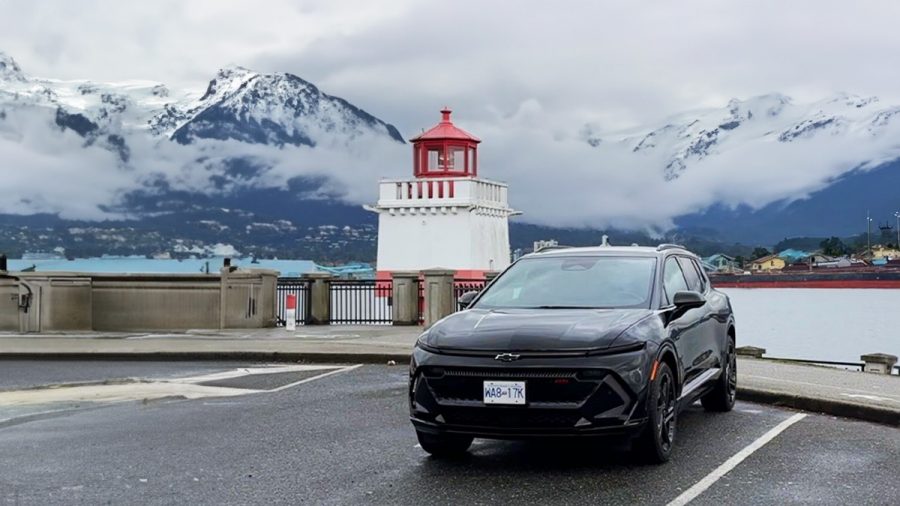 A Chevrolet Equinox EV at the Brockton Point Lighthouse, in Vancouver, B.C.